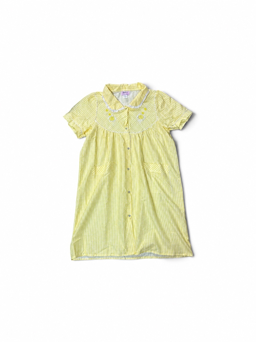 Y2K Betsey Johnson Yellow Gingham Floral Embroidered Snap Front Nightgown 2X